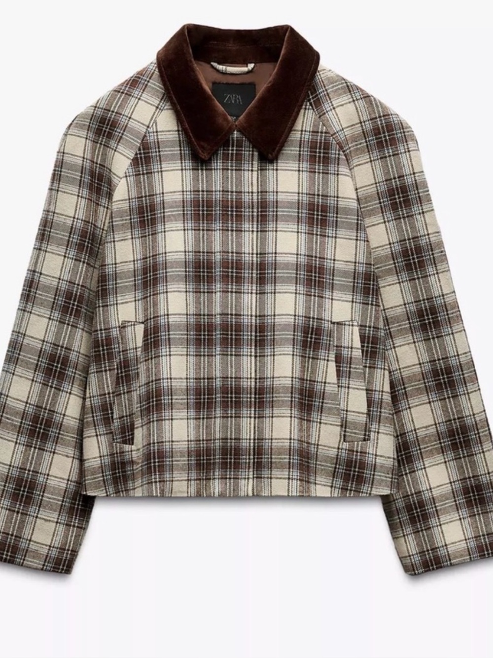 Zara Brown & Cream Plaid Jacket with Corduroy Collar